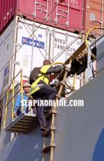 ID 1874 PORT OF AUCKLAND, NZ - A pilot climbs aboard an inbound Chinese containership in the Hauraki Gulf.